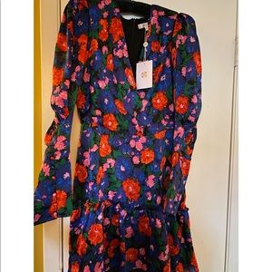 Cobalt Blue Floral Print Puff Sleeve Mini Dress: Size Medium